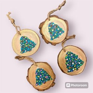 Christmas tree ornaments 3” hand painted OOAK set of 4, wood, colorful, new